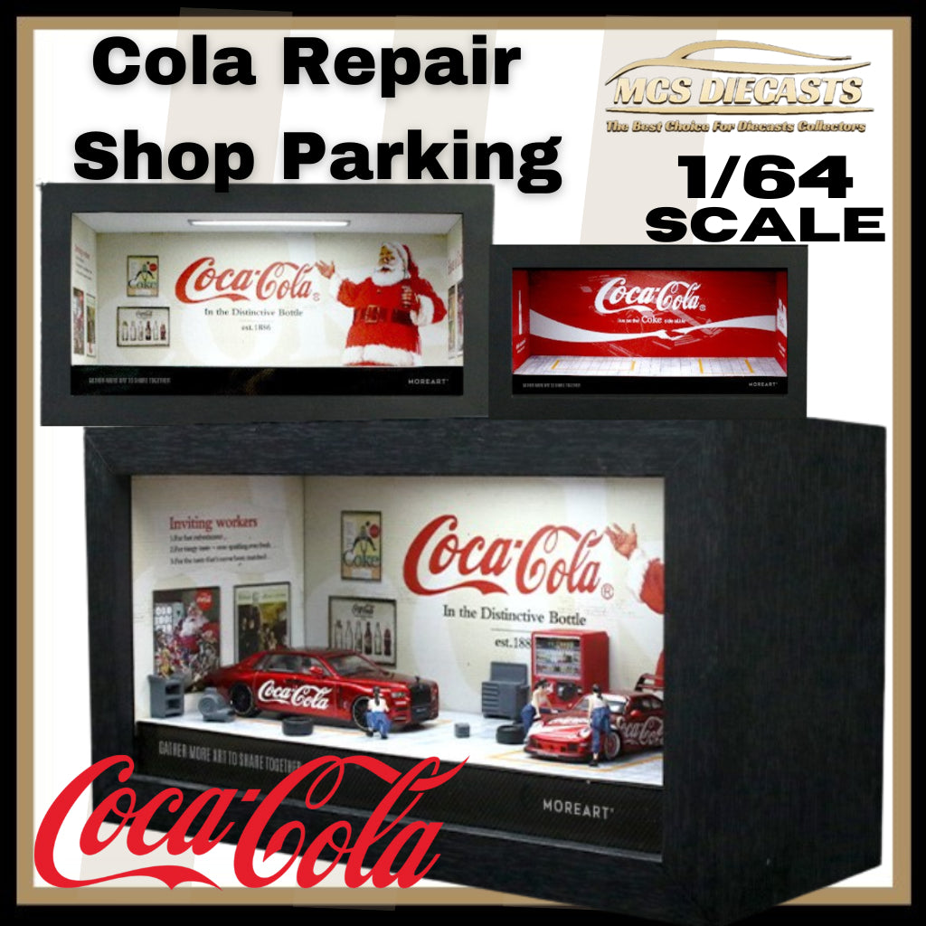 MoreArt 1:64 Coca-Cola Integrated Frame Repair Shop Light SceneCar Model Diecasts Parking Lot Diorama Garage